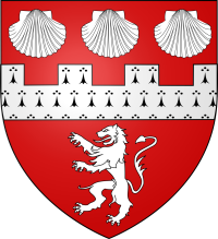 de gueules à la fasce crénelée d'hermine, accompagnée en chef de 3 coquilles d'argent, et en pointe d'un lion du même. de gueules à la fasce crénelée d'hermine, accompagnée en chef de 3 coquilles d'argent, et en pointe d'un lion du même.